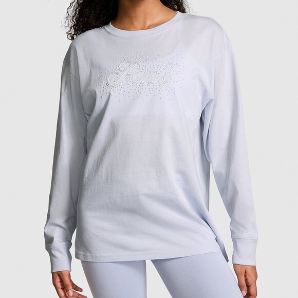 PINK Victoria's Secret Tops - Victoria's Secret PINK Hydrangea Blue Campus Cotton Bling Long Sleeve Tee NWT S